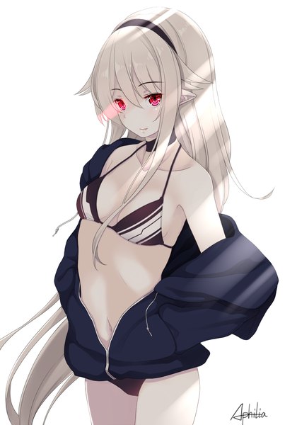 Anime picture 840x1200 with original afilia (kiyomin) kiyomin single tall image fringe light erotic simple background hair between eyes red eyes white background signed looking away white hair very long hair pointy ears off shoulder glowing glowing eye (eyes) vampire