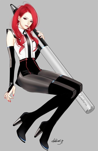 Anime picture 700x1070 with original takenaka single long hair tall image looking at viewer simple background red eyes sitting holding signed bent knee (knees) red hair nail polish grey background high heels girl detached sleeves earrings pantyhose