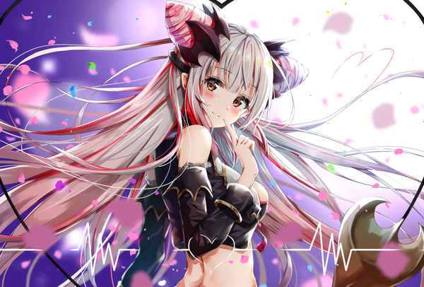 Anime picture 1684x1141 with virtual youtuber honey strap suou patra kuria (clear trip second) single long hair looking at viewer blush fringe breasts red eyes payot pink hair silver hair upper body tail multicolored hair light smile two-tone hair midriff