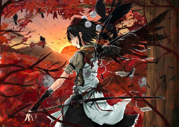Anime picture 1394x990 with touhou shameimaru aya cibo (killy) single short hair black hair from behind alternate costume puffy sleeves evening sunset black wings posing girl hair ornament weapon plant (plants) animal sword wings