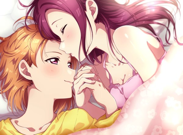 Anime picture 3895x2868 with love live! sunshine!! sunrise (studio) love live! sakurauchi riko takami chika kougi hiroshi long hair blush fringe highres short hair breasts hair between eyes red eyes bare shoulders multiple girls absurdres upper body red hair indoors