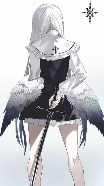 Anime picture 1000x1779 with original beckzawachi single long hair tall image simple background standing white background holding white hair long sleeves multicolored hair from behind bare legs puffy sleeves arm behind back white wings girl skirt weapon