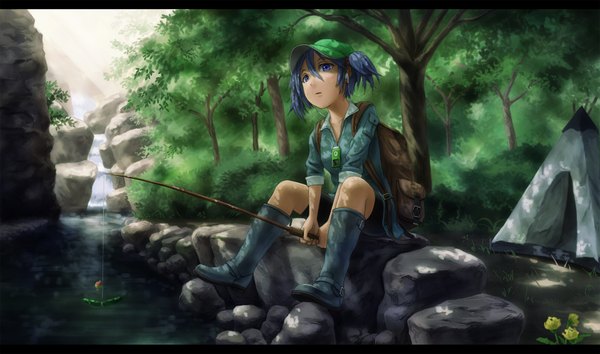 Anime picture 1862x1100 with touhou ipod kawashiro nitori kurione (zassou) single fringe highres short hair blue eyes hair between eyes wide image sitting blue hair looking away outdoors two side up letterboxed river fishing girl