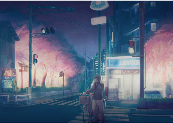 Anime picture 2000x1425 with original kagawa ichigo single highres short hair black hair night cherry blossoms glowing fantasy street crosswalk crossroads boy plant (plants) tree (trees) jacket building (buildings) pants ground vehicle