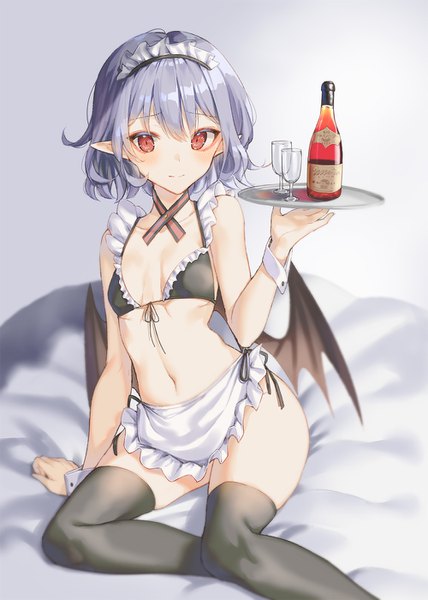 Anime picture 1000x1400 with touhou remilia scarlet cha chya single tall image looking at viewer blush short hair light erotic red eyes sitting holding purple hair pointy ears arm support maid alternate costume embarrassed flat chest slit pupils