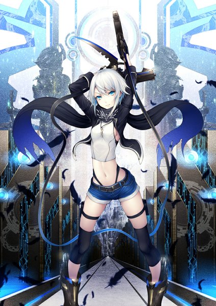 Anime-Bild 723x1023 mit original kyoeiki single tall image looking at viewer short hair blue eyes smile standing holding blue hair white hair arms up bare belly arms behind head girl gloves navel weapon black gloves