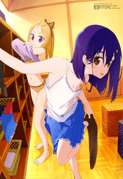 Anime picture 4075x5930 with flip flappers megami magazine kokomine cocona yayaka (flip flappers) kojima takashi tall image looking at viewer highres short hair open mouth light erotic blonde hair purple eyes multiple girls brown eyes blue hair absurdres official art undressing girl