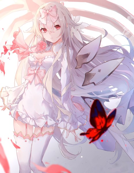 Anime picture 1811x2339 with arcaea hikari (arcaea) bai-hyacinth single tall image looking at viewer fringe highres hair between eyes red eyes silver hair very long hair girl thighhighs dress bow hair bow white thighhighs white dress insect