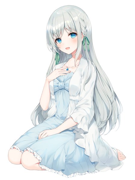 Anime picture 1200x1600 with la priere aitsuki nakuru a20 (atsumaru) single long hair tall image looking at viewer blush fringe open mouth blue eyes simple background smile white background sitting payot silver hair full body braid (braids) head tilt