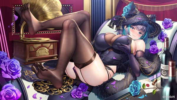 Anime picture 1280x720 with azur lane cheshire (azur lane) cheshire (cait sith crooner) (azur lane) meion single looking at viewer blush fringe short hair breasts blue eyes light erotic black hair smile wide image large breasts signed full body bent knee (knees) indoors