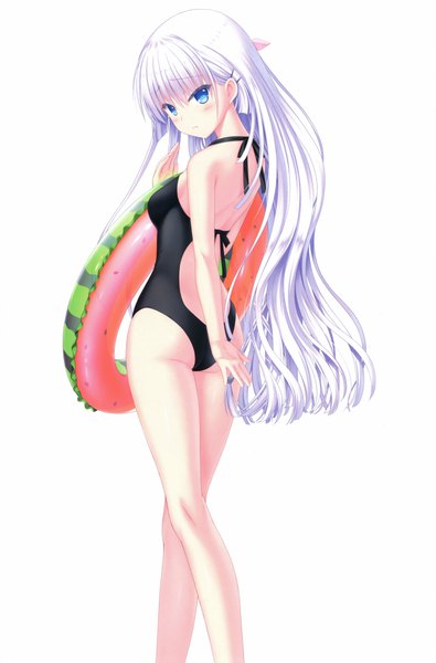 Anime picture 5445x8263 with summer pockets key (studio) naruse shiroha na-ga single long hair tall image looking at viewer blush highres breasts blue eyes simple background white background absurdres white hair from behind scan back food print