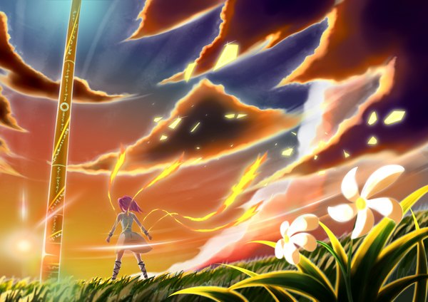 Anime-Bild 4092x2893 mit magi the labyrinth of magic a-1 pictures morgiana brianchan.t.w single highres short hair pink hair absurdres sky cloud (clouds) sunlight magic evening sunset girl dress flower (flowers) plant (plants) grass