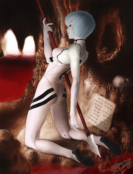 Anime picture 1443x1894 with neon genesis evangelion rebuild of evangelion gainax ayanami rei f3 (artist) single tall image short hair red eyes bare shoulders purple hair ass profile kneeling back girl bodysuit spear pilot suit polearm