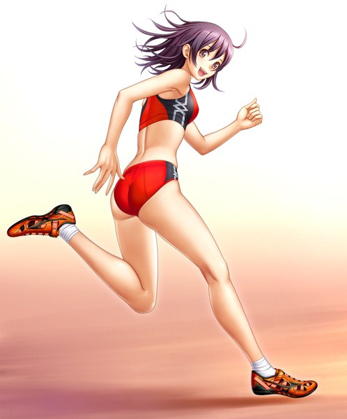 Anime picture 1941x2336 with original kuri (kurigohan) single tall image highres short hair open mouth black hair brown eyes midriff running girl uniform shoes gym uniform