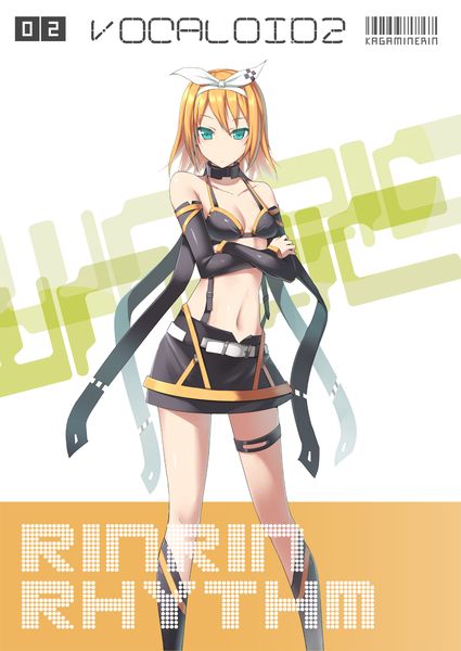 Anime picture 851x1200 with vocaloid kagamine rin zenn (artist) single tall image looking at viewer short hair blue eyes light erotic simple background blonde hair standing white background bare shoulders text girl skirt navel ribbon (ribbons) detached sleeves