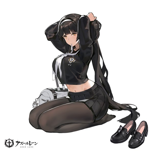 Anime picture 1280x1280 with azur lane takao (azur lane) takao (academy romantica) (azur lane) kishiyo single long hair looking at viewer blush fringe breasts black hair simple background large breasts white background sitting holding brown eyes full body ponytail blunt bangs