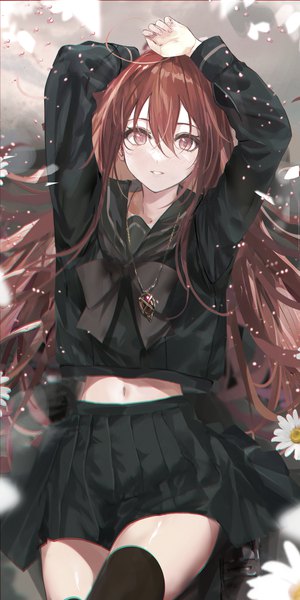 Anime picture 900x1800 with shakugan no shana j.c. staff shana mexif single long hair tall image looking at viewer fringe hair between eyes brown hair brown eyes pleated skirt arms up midriff girl thighhighs skirt uniform flower (flowers)
