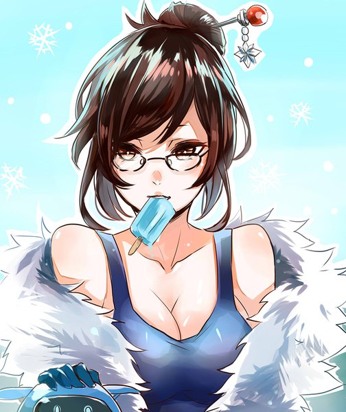 Anime picture 825x982 with overwatch blizzard entertainment mei (overwatch) snowball (overwatch) miya (zawarudo) single tall image blush short hair breasts light erotic brown hair large breasts bare shoulders holding brown eyes looking away cleavage upper body off shoulder
