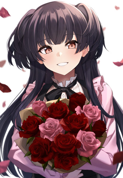 Anime picture 1382x2006 with idolmaster idolmaster shiny colors mayuzumi fuyuko kurousagi yuu single long hair tall image looking at viewer black hair smile red eyes white background upper body two side up grin girl flower (flowers) petals rose (roses) bouquet