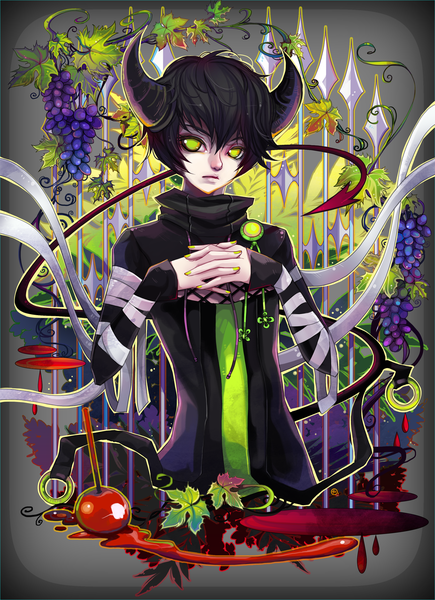 Anime picture 1250x1723 with original jinkimania (artist) single tall image short hair black hair green eyes looking away tail nail polish horn (horns) interlocked fingers boy plant (plants) food leaf (leaves) bandage (bandages) berry (berries) grapes candy apple