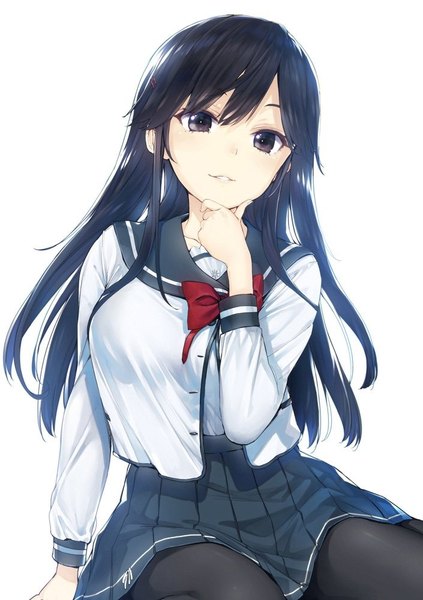 Anime picture 705x1000 with ore wo suki nano wa omae dake ka yo sanshokuin sumireko buriki single long hair tall image looking at viewer fringe breasts black hair simple background smile white background sitting payot bent knee (knees) pleated skirt black eyes alternate hairstyle hair down