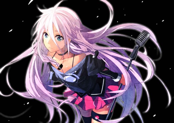 Anime picture 4093x2894 with vocaloid ia (vocaloid) tsukun112 single long hair looking at viewer highres blue eyes holding pink hair absurdres braid (braids) leaning leaning forward twin braids girl thighhighs skirt miniskirt choker
