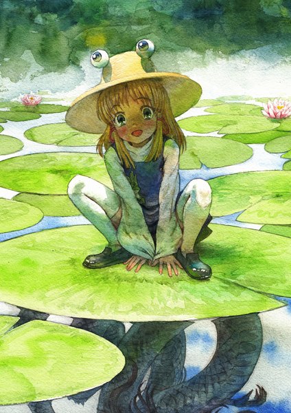 Anime picture 827x1169 with touhou moriya suwako misawa hiroshi single long hair tall image looking at viewer blush fringe open mouth blonde hair green eyes squat fantasy traditional media watercolor (medium) girl thighhighs flower (flowers) hat