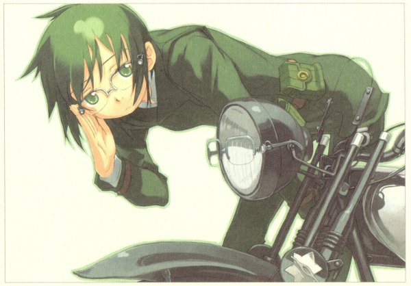 Anime picture 1369x955 with kino no tabi kino (kino no tabi) hermes single looking at viewer short hair white background green eyes green hair scan border adjusting glasses girl uniform glasses military uniform motorcycle