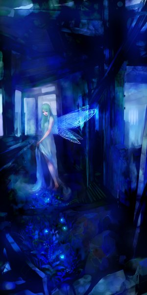 Anime picture 2000x4000 with original suzu (kopumpukin 55) long hair tall image highres indoors aqua hair fairy gloom girl plant (plants) wings insect butterfly