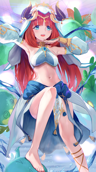 Anime picture 2159x3841 with genshin impact nilou (genshin impact) slime (genshin impact) nyu aro single long hair tall image looking at viewer blush fringe highres breasts open mouth blue eyes light erotic twintails bare shoulders bent knee (knees) red hair blunt bangs