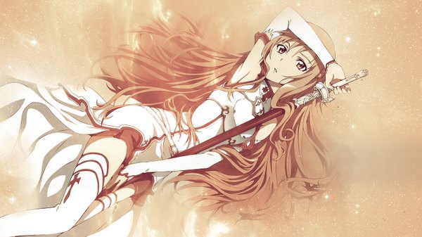 Anime picture 1366x768 with sword art online a-1 pictures yuuki asuna kawakami tetsuya xdaisuke-senpai single long hair light erotic brown hair wide image brown eyes lying arm up armpit (armpits) wallpaper brown background girl thighhighs dress weapon