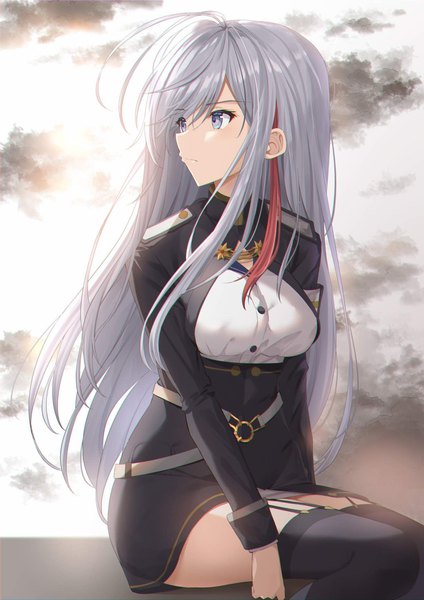 Anime picture 1228x1738 with 86 -eightysix- vladilena millize kanaria hisagi single long hair tall image sitting looking away sky silver hair cloud (clouds) outdoors multicolored hair streaked hair turning head silver eyes girl thighhighs black thighhighs garter straps