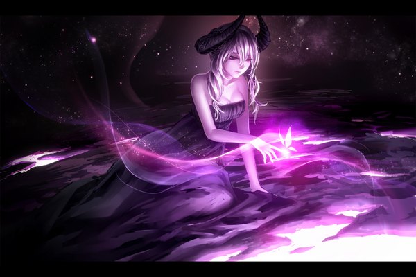 Anime picture 1500x1000 with original sasama keiji single long hair fringe breasts sitting purple eyes bare shoulders silver hair horn (horns) looking down girl dress black dress insect butterfly star (stars)