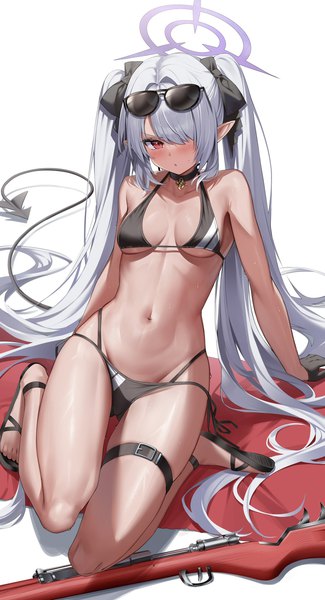 Anime picture 1108x2048 with blue archive iori (blue archive) kyonta single tall image looking at viewer blush fringe breasts light erotic simple background red eyes white background sitting twintails cleavage silver hair bent knee (knees) tail very long hair