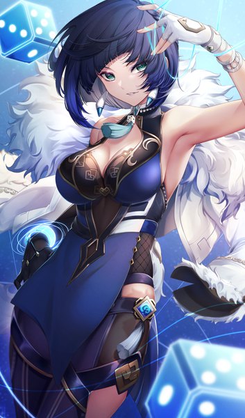Anime picture 1248x2121 with genshin impact yelan (genshin impact) noan single tall image looking at viewer fringe short hair breasts light erotic large breasts green eyes blue hair cleavage armpit (armpits) clothes on shoulders girl gloves earrings fingerless gloves