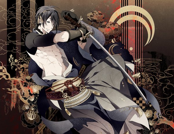 Anime picture 1200x927 with touken ranbu nitroplus mikazuki munechika mono (freerotary) single short hair black hair smile holding traditional clothes japanese clothes grey eyes muscle boy gloves hair ornament flower (flowers) weapon sword black gloves