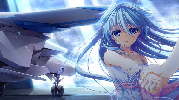 Anime picture 1280x720 with re:birth colony azurite asami asami long hair blue eyes wide image blue hair game cg girl sundress aircraft airplane