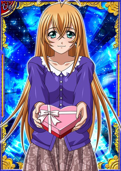Anime picture 567x800 with ikkitousen sonsaku hakufu single long hair tall image looking at viewer blush blonde hair smile payot ahoge aqua eyes sparkle floral print card (medium) framed outstretched hand :3 valentine girl