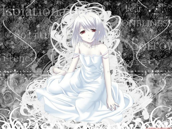 Anime picture 1280x960 with white clarity short hair red eyes sitting white hair dress white dress