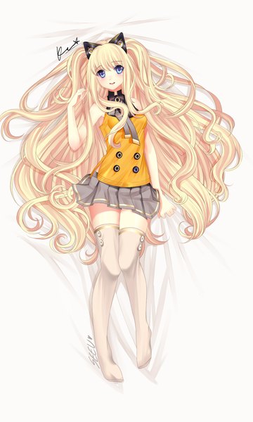 Anime picture 700x1166 with vocaloid seeu nhi nhi single long hair tall image looking at viewer blush fringe open mouth blue eyes blonde hair smile white background bare shoulders signed full body lying pleated skirt no shoes