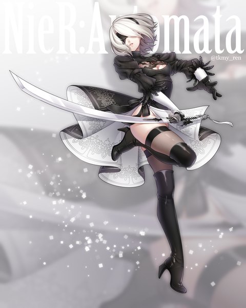 Anime picture 2000x2500 with nier nier:automata yorha no. 2 type b takamiya ren single tall image highres short hair light erotic signed full body white hair mole copyright name twitter username mole under mouth blindfold girl thighhighs dress