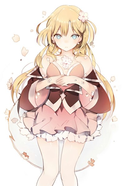 Anime picture 606x894 with original lpip single long hair tall image looking at viewer blush fringe blue eyes blonde hair bare shoulders lying parted lips hair flower from above girl hair ornament flower (flowers) detached sleeves petals