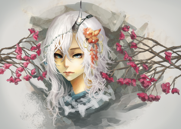 Anime picture 2000x1425 with original akaikitsune fringe highres silver hair horn (horns) aqua eyes close-up face hair ornament flower (flowers) plant (plants) branch