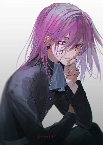 Anime picture 932x1316 with mashle a-1 pictures domina blowelive mm39572 single long hair tall image looking at viewer fringe simple background smile hair between eyes signed purple hair pink eyes twitter username boy earrings neckerchief