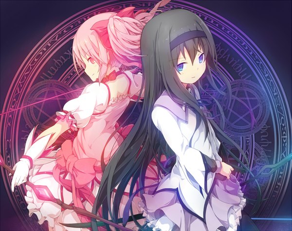 Anime picture 1517x1200 with mahou shoujo madoka magica shaft (studio) akemi homura kaname madoka ogipote long hair looking at viewer short hair blue eyes black hair red eyes multiple girls pink hair light smile outstretched arm magic back to back girl dress weapon