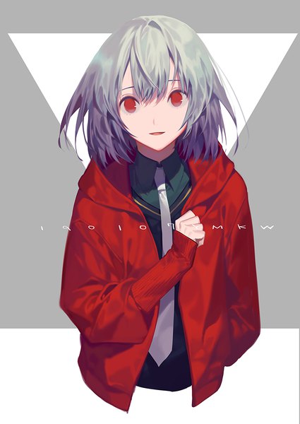Anime picture 724x1023 with original yamakawa single tall image looking at viewer fringe short hair hair between eyes red eyes upper body grey hair open jacket dated hand in pocket girl necktie jacket