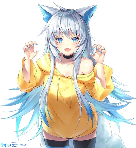 Anime picture 1000x1088 with virtual youtuber manao-ke manao sena kagachi saku single long hair tall image looking at viewer blush fringe open mouth blue eyes simple background smile hair between eyes white background bare shoulders signed animal ears silver hair