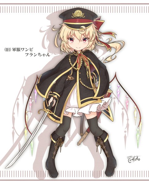 Anime picture 2388x2956 with touhou flandre scarlet coreytaiyo single tall image looking at viewer fringe highres blonde hair smile hair between eyes red eyes standing signed full body one eye closed shadow alternate costume character names dated