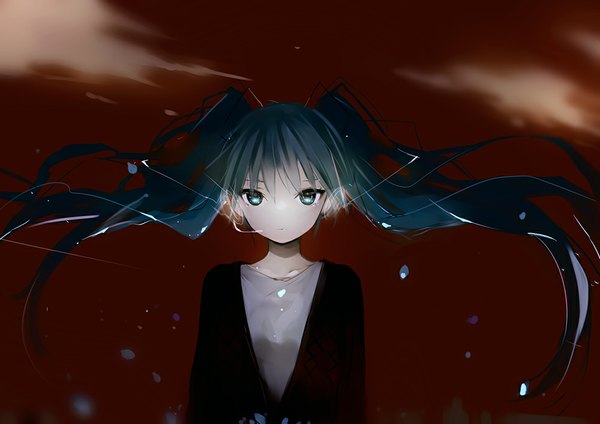 Anime picture 1000x708 with vocaloid hatsune miku lpip single long hair looking at viewer twintails sky aqua eyes aqua hair girl petals headphones microphone blouse