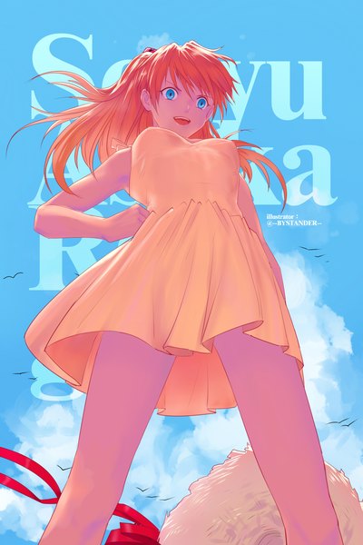 Anime picture 1417x2126 with neon genesis evangelion gainax soryu asuka langley bystander single long hair tall image looking at viewer fringe breasts open mouth blue eyes smile hair between eyes standing signed sky cloud (clouds) :d orange hair